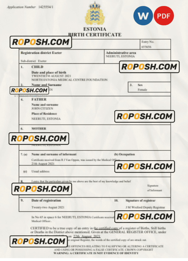 Estonia vital record birth certificate Word and PDF template, completely editable