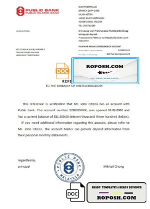 Malaysia Public Bank bank reference letter template in Word and PDF format