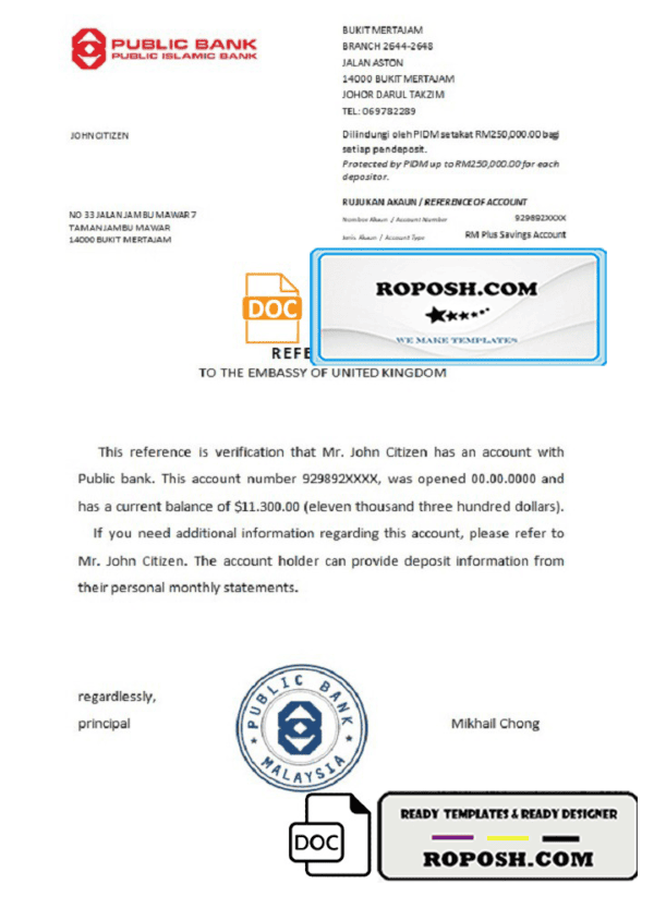 Malaysia Public Bank bank reference letter template in Word and PDF format