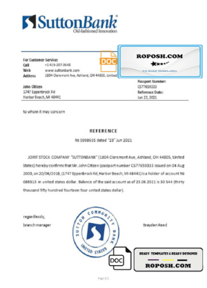 USA Sutton Bank bank account reference letter template in Word and PDF format