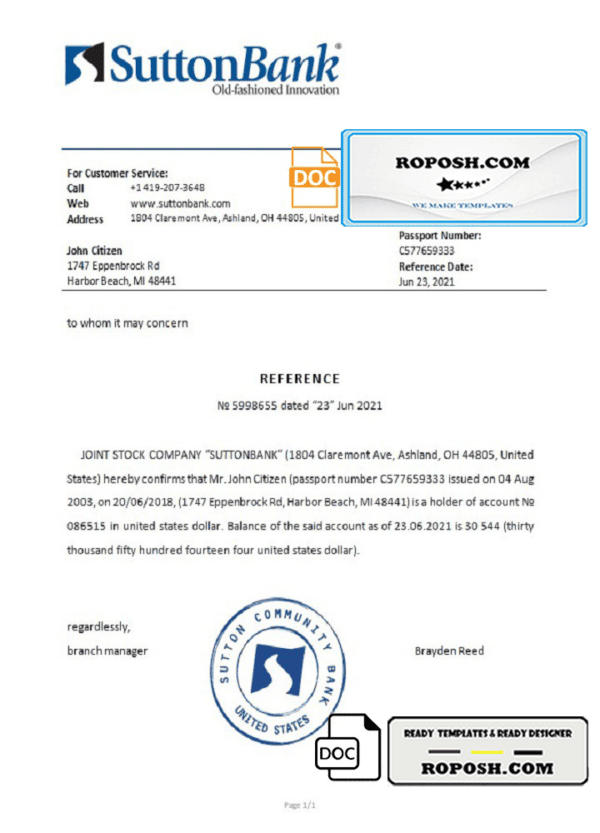 USA Sutton Bank bank account reference letter template in Word and PDF format