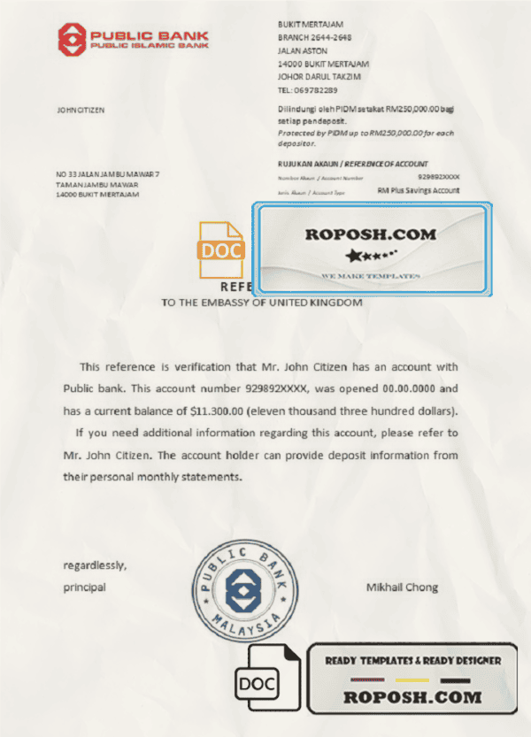 Malaysia Public Bank bank reference letter template in Word and PDF format