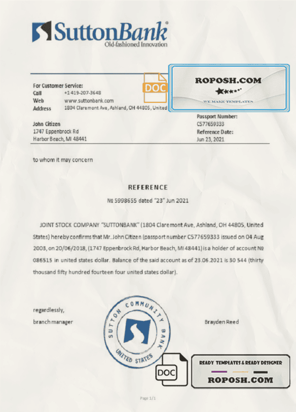USA Sutton Bank bank account reference letter template in Word and PDF format