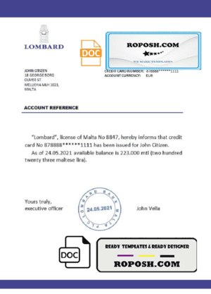 Malta Lombard bank reference letter template in Word and PDF format