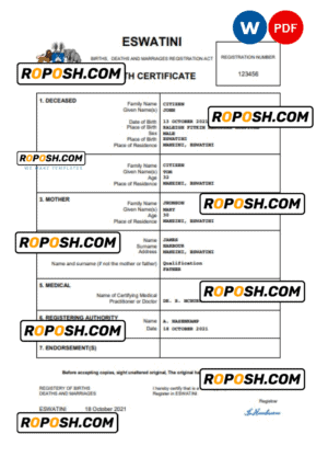 Eswatini birth certificate Word and PDF template, completely editable