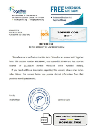 USA Together bank account balance reference letter template in Word and PDF format