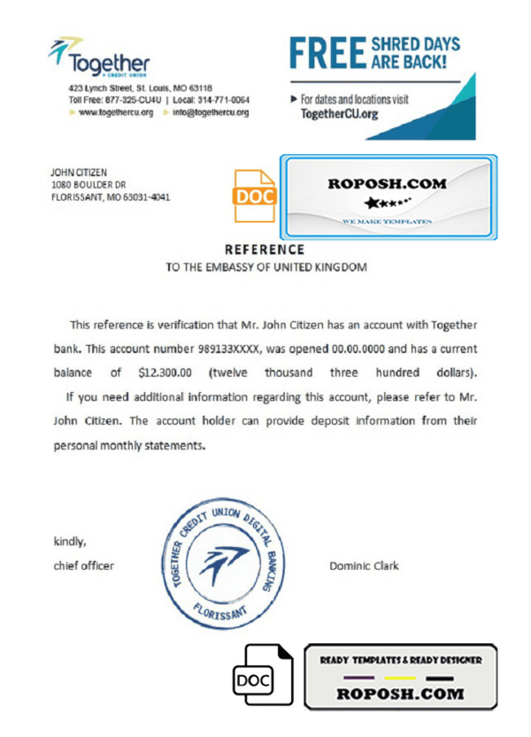USA Together bank account balance reference letter template in Word and PDF format