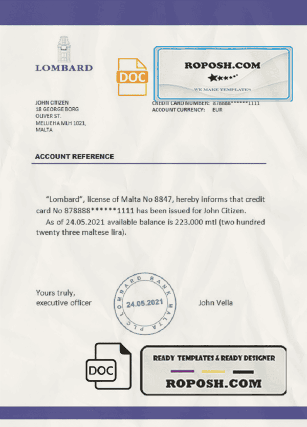 Malta Lombard bank reference letter template in Word and PDF format