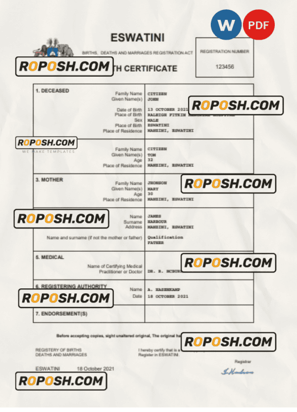 Eswatini birth certificate Word and PDF template, completely editable
