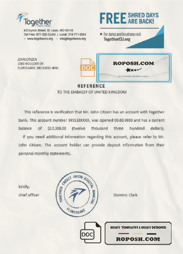 USA Together bank account balance reference letter template in Word and PDF format
