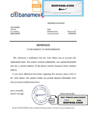 Mexico Citibanamex bank reference letter template in Word and PDF format