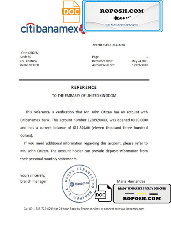Mexico Citibanamex bank reference letter template in Word and PDF format