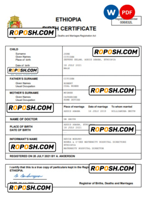Ethiopia vital record birth certificate Word and PDF template, completely editable