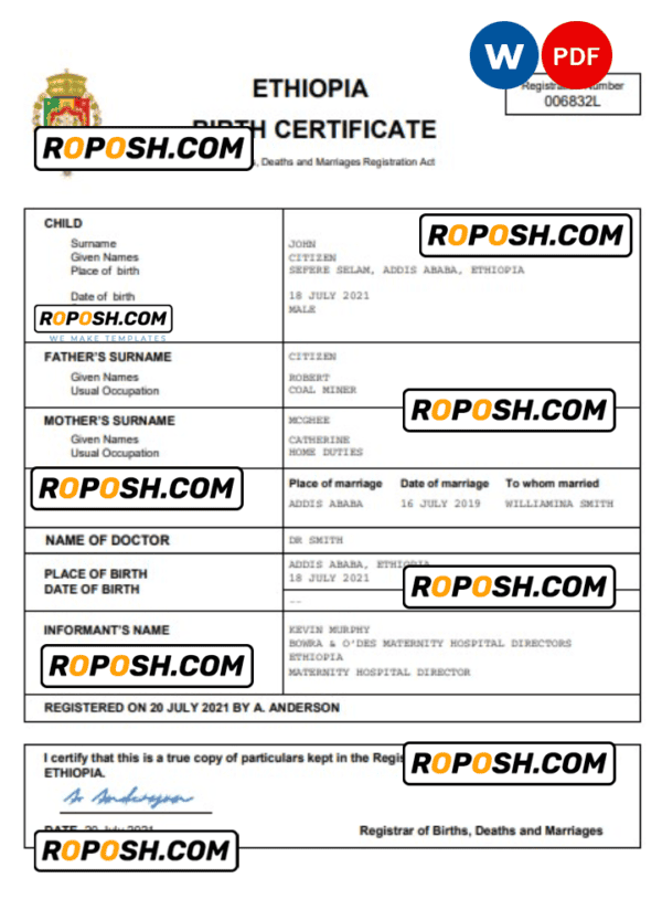 Ethiopia vital record birth certificate Word and PDF template, completely editable