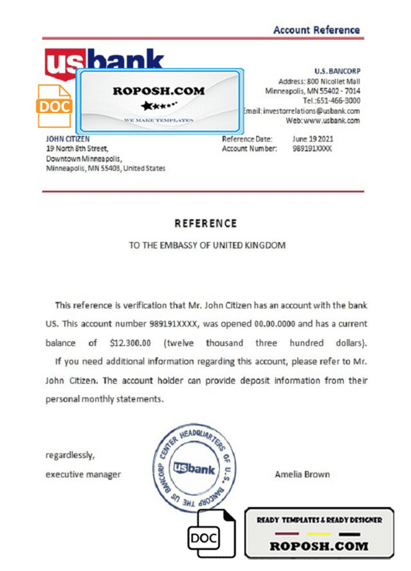 USA US Bank bank account reference letter template in Word and PDF format