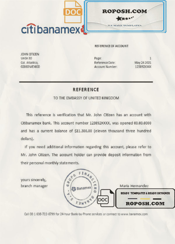 Mexico Citibanamex bank reference letter template in Word and PDF format