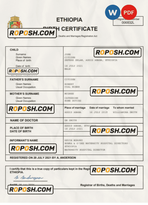 Ethiopia vital record birth certificate Word and PDF template, completely editable