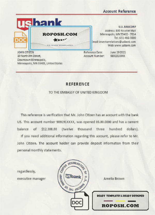 USA US Bank bank account reference letter template in Word and PDF format