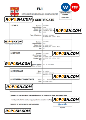 Fiji birth certificate Word and PDF template, completely editable