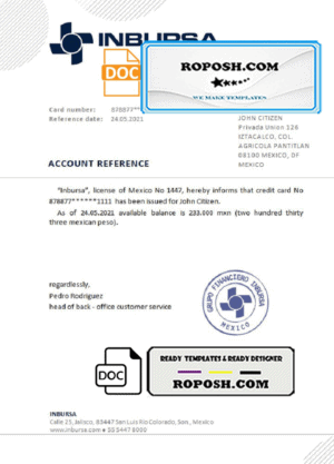 Mexico Inbursa bank reference letter template in Word and PDF format
