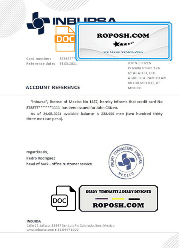 Mexico Inbursa bank reference letter template in Word and PDF format