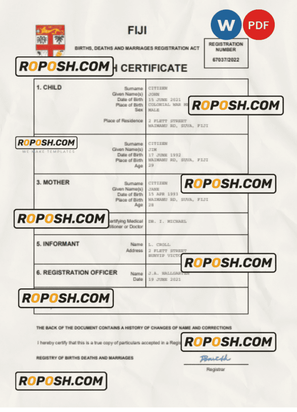 Fiji birth certificate Word and PDF template, completely editable