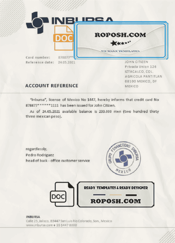 Mexico Inbursa bank reference letter template in Word and PDF format