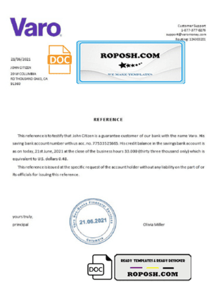 USA Varo bank account reference letter template in Word and PDF format