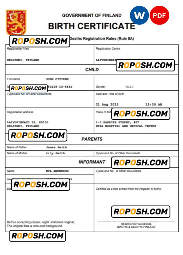 Finland vital record birth certificate Word and PDF template, completely editable
