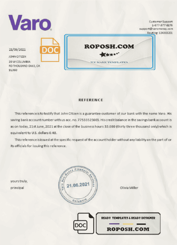 USA Varo bank account reference letter template in Word and PDF format