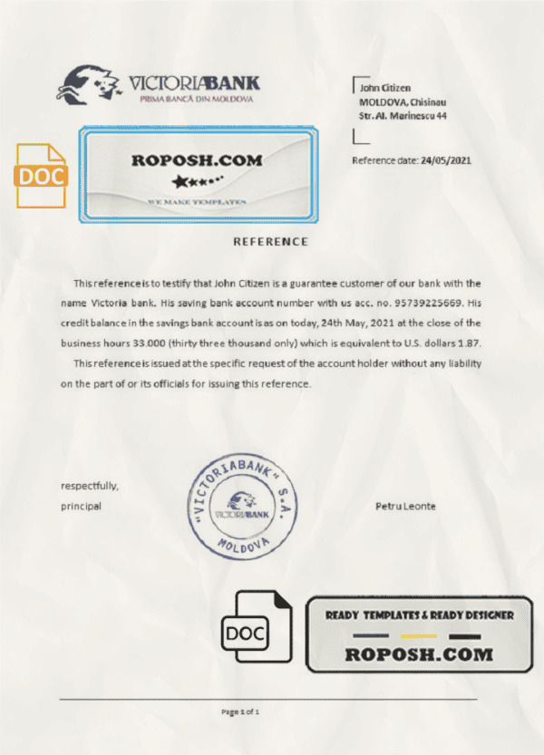 Moldova Victoriabank bank reference letter template in Word and PDF format