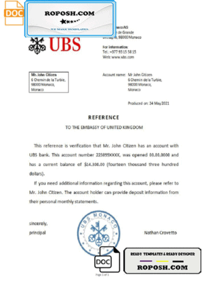 Monaco UBS bank reference letter template in Word and PDF format