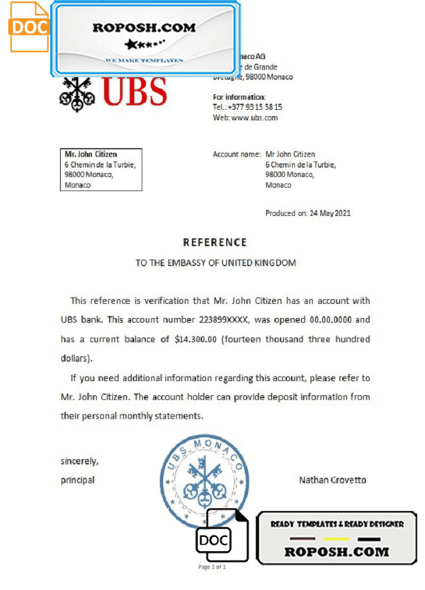 Monaco UBS bank reference letter template in Word and PDF format