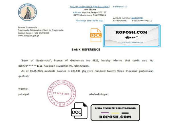 Guatemala Bank of Guatemala bank account reference letter template in Word and PDF format