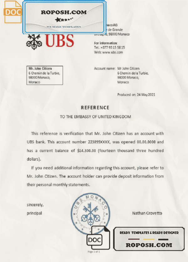 Monaco UBS bank reference letter template in Word and PDF format
