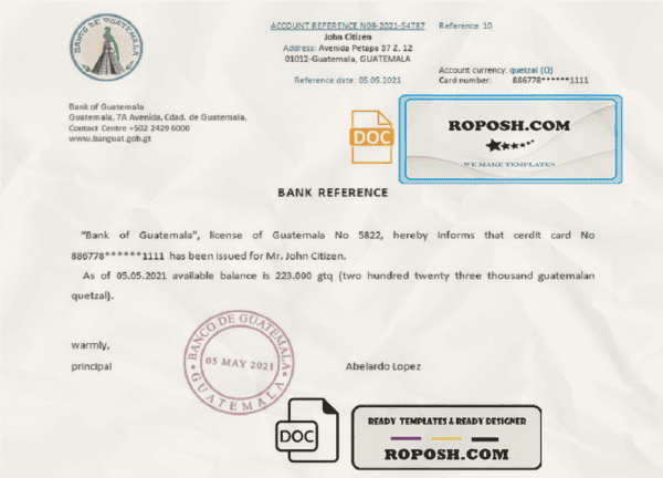 Guatemala Bank of Guatemala bank account reference letter template in Word and PDF format