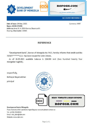 Mongolia Development Bank of Mongolia bank reference letter template in Word and PDF format
