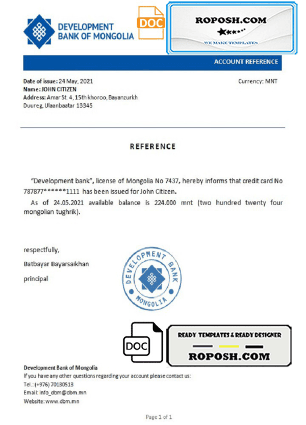Mongolia Development Bank of Mongolia bank reference letter template in Word and PDF format