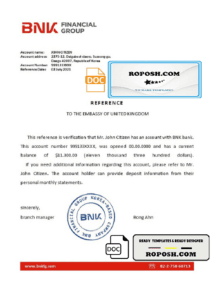 Korea BNK bank account reference letter template in Word and PDF format
