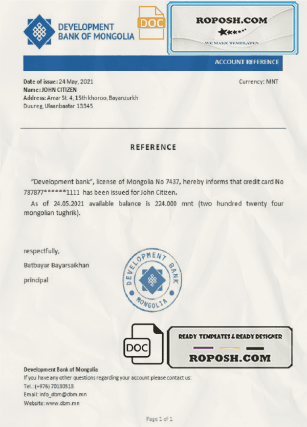 Mongolia Development Bank of Mongolia bank reference letter template in Word and PDF format