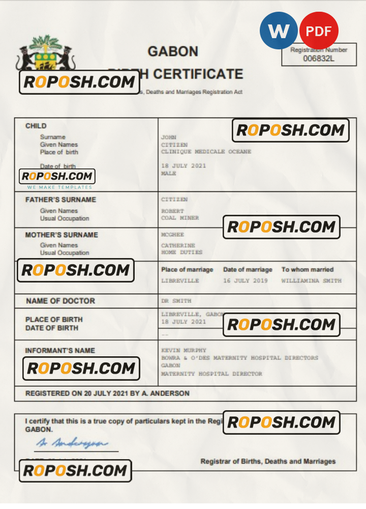 Gabon Vital Record Birth Certificate Word And Pdf Template Completely Editable Roposh 1762