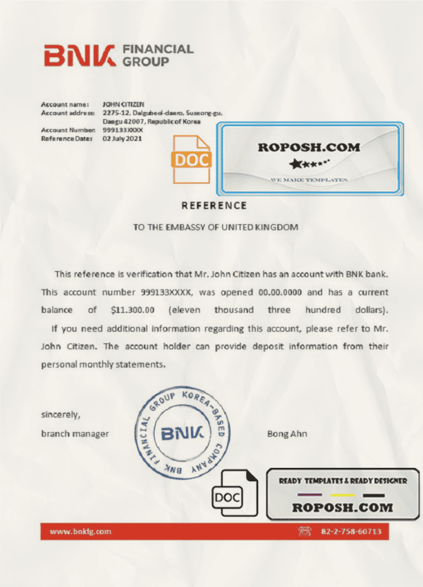 Korea BNK bank account reference letter template in Word and PDF format