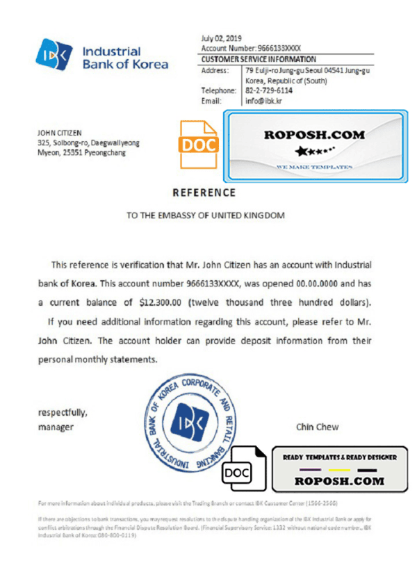 Korea Industrial Bank of Korea bank account reference letter template in Word and PDF format