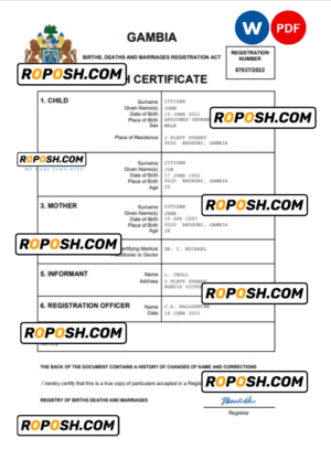 Gambia birth certificate Word and PDF template, completely editable