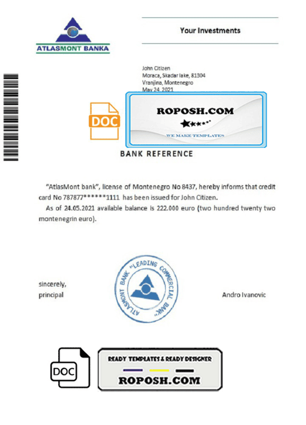 Montenegro Atlasmont banka bank reference letter template in Word and PDF format