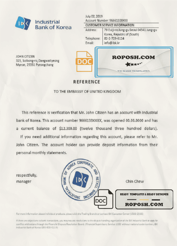 Korea Industrial Bank of Korea bank account reference letter template in Word and PDF format