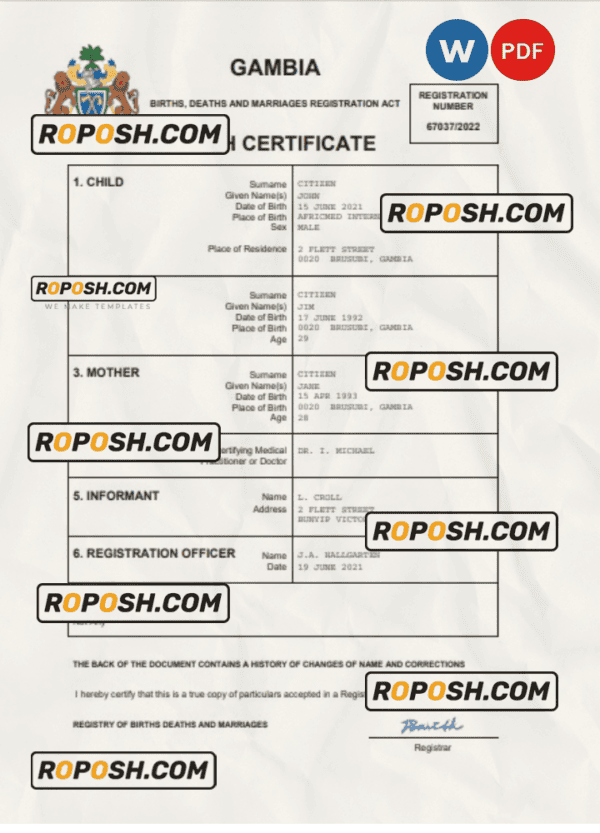 Gambia birth certificate Word and PDF template, completely editable