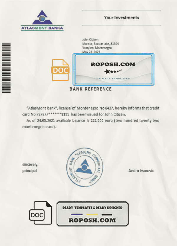 Montenegro Atlasmont banka bank reference letter template in Word and PDF format