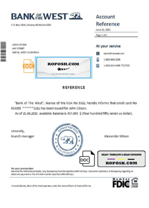 USA Bank of the West bank account reference letter template in Word and PDF format
