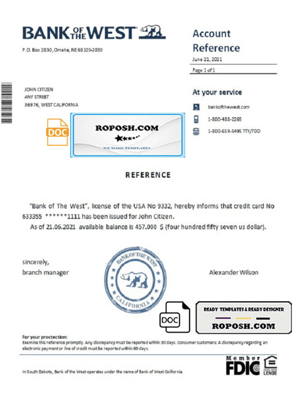 USA Bank of the West bank account reference letter template in Word and PDF format